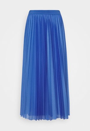Blauer plissierter Midirock mit transparentem Überzug und elastischem Bund, auf weißem Hintergrund dargestellt.
