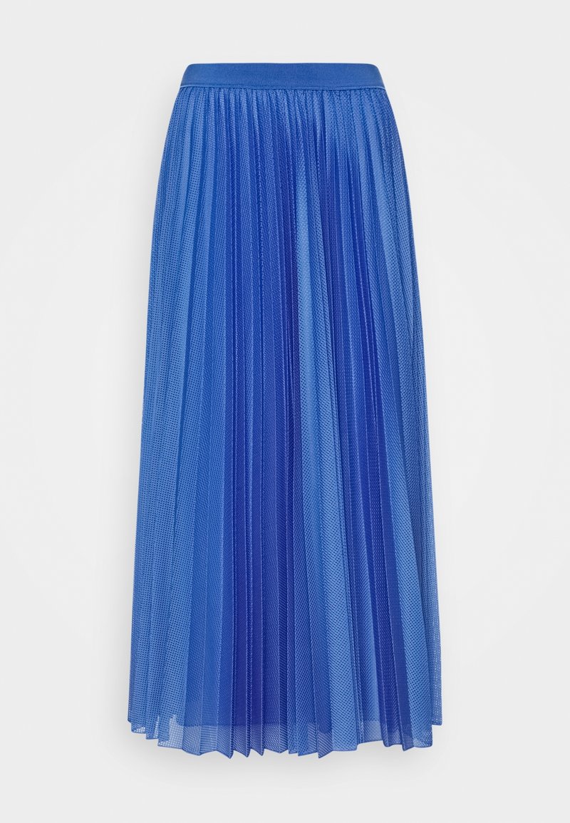 Jupe midi plissée bleue avec un voile transparent et une ceinture élastique, présentée sur fond blanc.