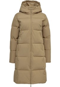 Abrigo acolchado beige con capucha, cierre de cremallera y diseño acolchado. Fabricado con un material suave y ligero, con un diseño hasta la rodilla.