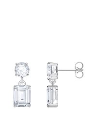 Ohrstecker mit runden und smaragdgeschliffenen klaren Edelsteinen, gefasst in Silber, einer von vorne, der andere seitlich dargestellt.