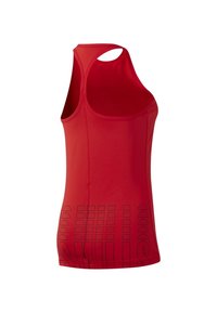 Červený sportovní tílko vyrobené z lehkého materiálu, s designem na zádech ve stylu racerback a grafickými vzory na dolním lemu. Hladká textura.