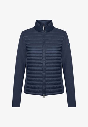 Navy blue jacket with quilted front, high collar, full front zipper, and knit fabric sleeves and sides.