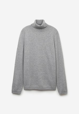 Lys grå turtleneck sweater lavet af blødt strikmateriale, med lange ærmer og en tætsiddende silhuet, med en glat overflade og uden mønstre.