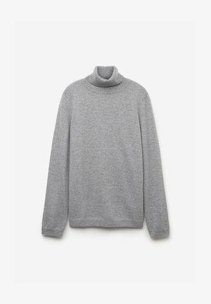 Ljusgrå polo-tröja gjord av mjukt stickat material, med långa ärmar och en figurnära silhuett, med en slät yta och utan mönster.