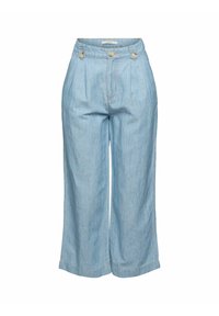 Pantalon bleu clair à jambes larges, taille haute, fermeture à boutons, plis devant et pattes boutonnées près de la taille.