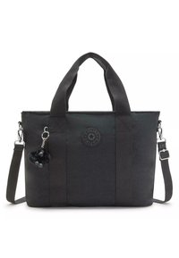 Black tote bag made of durable fabric, featuring two top handles, a removable shoulder strap, and a plush monkey keychain accent.