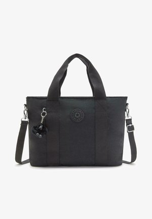 Zwarte totebag gemaakt van duurzaam materiaal, voorzien van twee handvatten, een afneembare schouderband en een pluche aap sleutelhanger als accent.