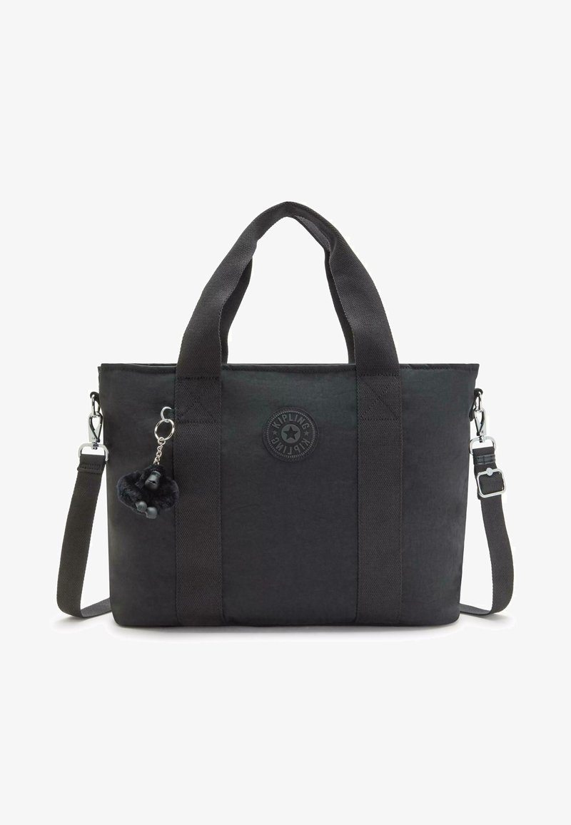 Sac tote noir en tissu durable, doté de deux poignées supérieures, d'une bandoulière amovible et d'un pendentif en peluche en forme de singe.