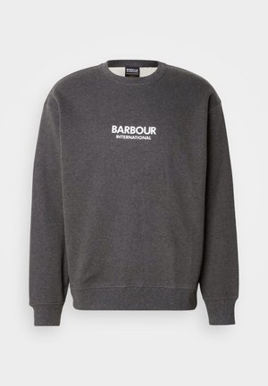 Gray sweatshirt with crew neckline, long sleeves, and ribbed cuffs. Features white "BARBOUR INTERNATIONAL" logo on the front.