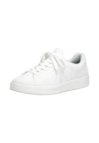 Weiße Sportschuhe mit einer strukturierten Mesh-Oberfläche, rundem Zehenbereich, flachen Schnürsenkeln und einer glatten Gummisohle mit minimalem Markenaufdruck.