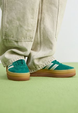 Piedi che indossano sneakers in camoscio turchese con strisce bianche e suole spesse marroni, abbinate a pantaloni beige larghi, in piedi su un pavimento verde.