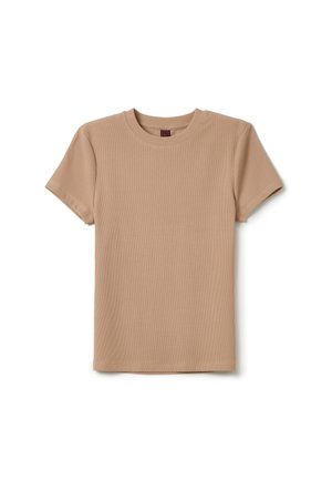 Camiseta de manga corta de canalé beige con cuello redondo. Textura suave, corte recto y sin patrones ni acentos visibles.