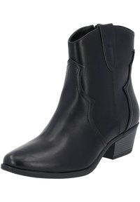 Czarny skórzany botek za kostkę z ostrym noskiem, akcentami szwów po bokach, pętelkami do zakupu i niskim, układanym obcasem. Gładkie wykończenie.