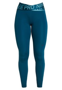 Nike Pro leggings in teal, valmistettu joustavasta kankaasta. Ominaisuudet: leveä vyötärönauha, jossa on "NIKE PRO" -merkkiteksti ja pieni logo reidessä.