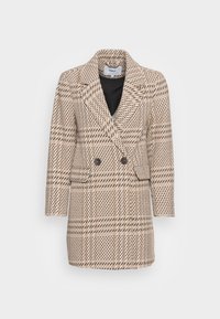 Cappotto a doppio petto a scacchi in beige e marrone, con un classico colletto a revers, due tasche frontali e un tessuto in misto lana con texture.