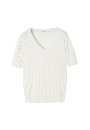 White ribbed short-sleeve top featuring a deep V-neckline. Made from a soft, textured fabric with a fitted silhouette.