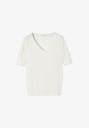 Top bianco a righe, con maniche corte e scollo a V profondo. Realizzato in un tessuto morbido e texturizzato, con una silhouette aderente.