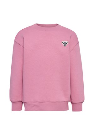 Rosa Sweatshirt mit Rundhalsausschnitt, gerippten Bündchen und Saum, mit einem kleinen gestickten Bienenlogo auf der linken Brust. Weiche Textur.