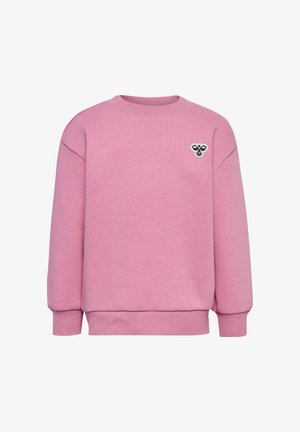 Rosa Sweatshirt mit Rundhalsausschnitt, gerippten Bündchen und Saum, mit einem kleinen gestickten Bienenlogo auf der linken Brust. Weiche Textur.