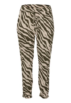 Pantaloni jogger bej cu dungi verzi în formă de zebră, dintr-un material ușor, având talie elastică și șnur pentru ajustarea fitului.