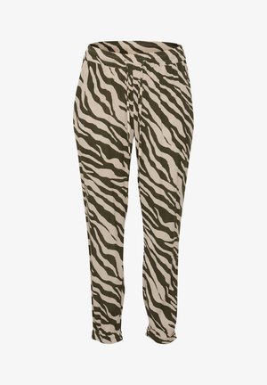 Beige joggers met groene zebra-strepen, gemaakt van lichtgewicht stof, met een elastische tailleband en een trekkoord voor een verstelbare pasvorm.