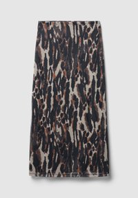 Knielange Rock mit einem auffälligen abstrakten Tiermuster in Schwarz, Braun und Beigetönen auf einem hellgrauen Hintergrund.