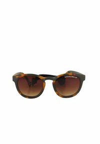 Pyöreät aurinkolasit, joissa on kilpikonnakuosi, tummanruskeat liukuväri linssit ja sileä muovikehys. Brändinnimi näkyy kehysosassa.