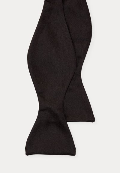 Black bow tie crafted from smooth fabric, featuring a classic symmetrical shape with pointed ends, ideal for formal occasions.