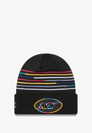 Black beanie with multicolored horizontal stripes and a folded cuff. Features an embroidered logo in circular outline on the front.