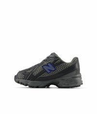 Black athletic shoe with mesh panels, grey accents, and a textured sole. Features a prominent blue logo on the side and laced design.