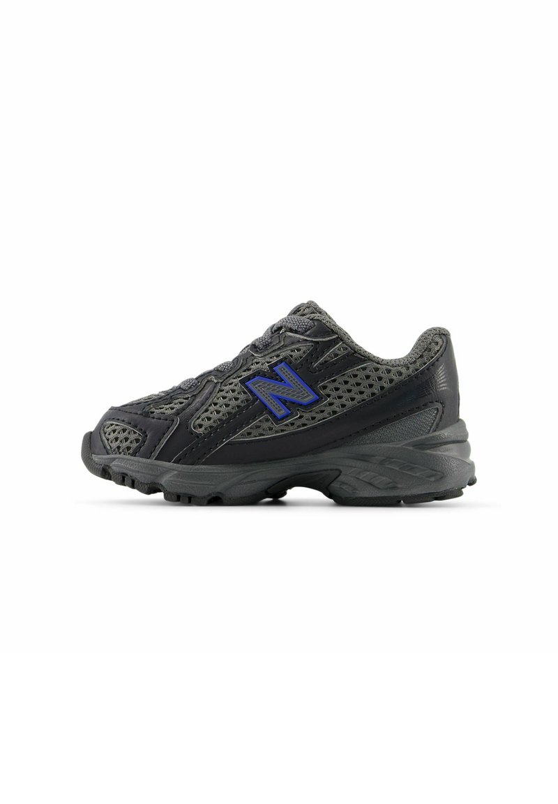 Black athletic shoe with mesh panels, grey accents, and a textured sole. Features a prominent blue logo on the side and laced design.