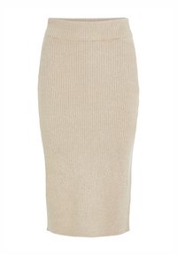 Beige ribbade pennkjol med en figurnära design, elastiskt midjeband, knä-lång och textil med struktur för extra värme.