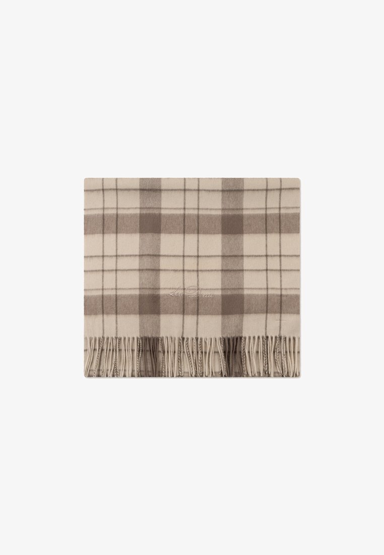Sciarpa a scacchi in tonalità beige e marrone, con una texture morbida e bordi frangiati. Ricamo del marchio discreto vicino al fondo.