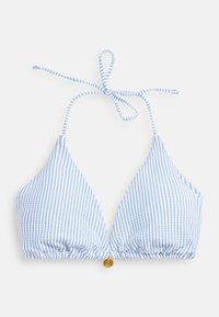Haut de bikini triangle rayé bleu et blanc avec liens à nouer autour du cou et un petit pendentif rond doré suspendu au centre devant.