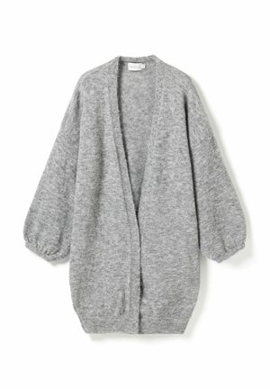 Cardigan gris doux à ouverture frontale, avec de longues manches ballon et des poignets et ourlet côtelés, présenté sur fond blanc.