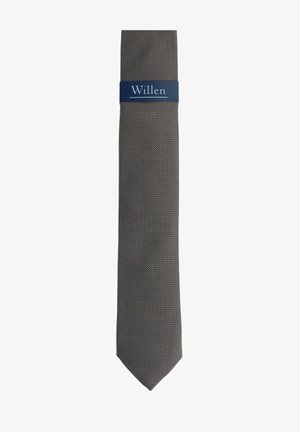 Gray diagonal striped tie with a subtle texture. Features a blue label with the name "Willen." Narrow shape, pointed end.