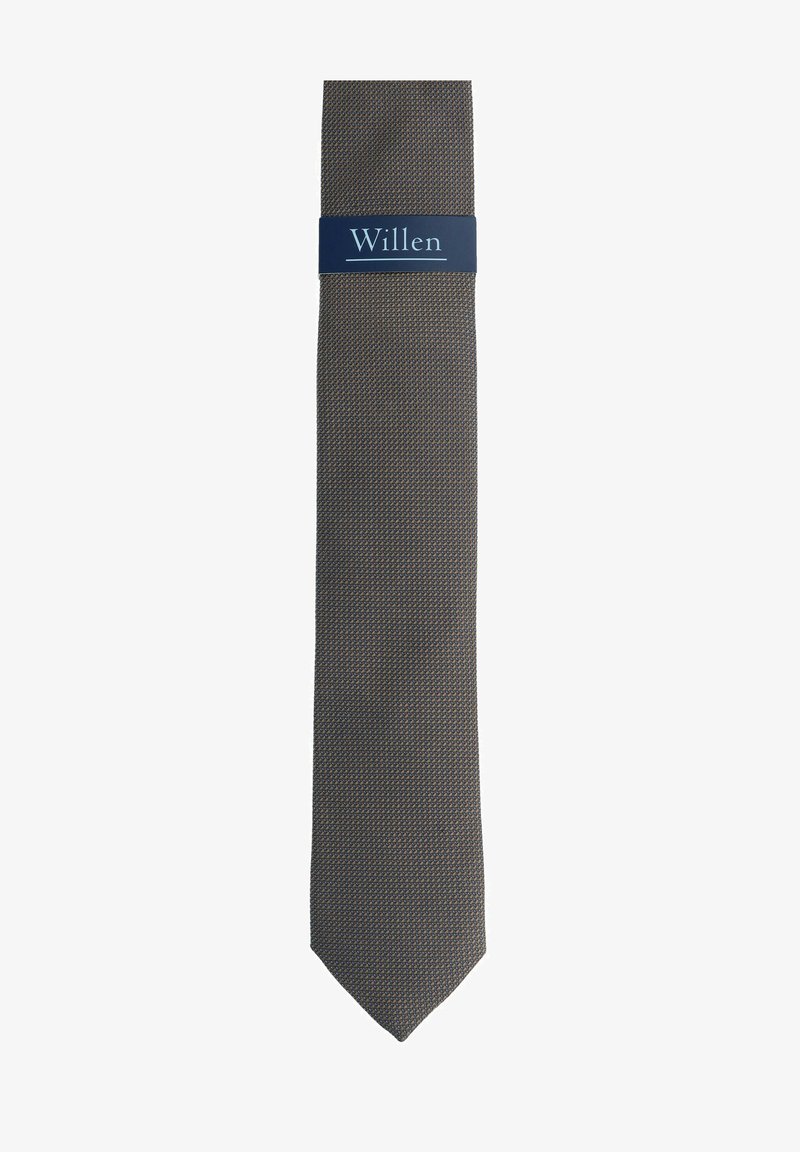 Gray diagonal striped tie with a subtle texture. Features a blue label with the name "Willen." Narrow shape, pointed end.
