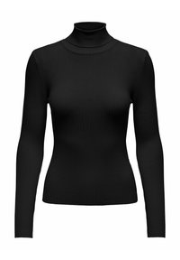 Maglione a dolcevita nero realizzato in tessuto a coste. Presenta maniche lunghe e un design aderente, con una texture liscia e senza parti metalliche visibili.