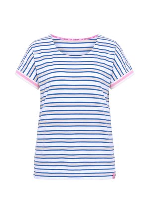 Wit T-shirt met korte mouwen met horizontale blauwe strepen en roze bies op mouwen en halslijn, voorkant.