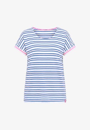 Wit T-shirt met korte mouwen met horizontale blauwe strepen en roze bies op mouwen en halslijn, voorkant.