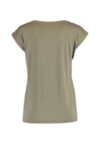 Olive green T-shirt, short sleeves, round neckline, soft cotton fabric, smooth texture, straight cut. Back view with no distinct patterns or prints.