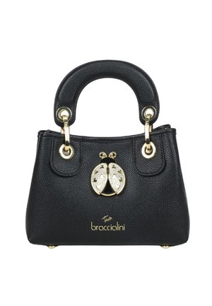 Borsa nera in pelle con manici superiori strutturati, dettagli in oro e un ornamento a forma di coccinella dorata sul davanti.