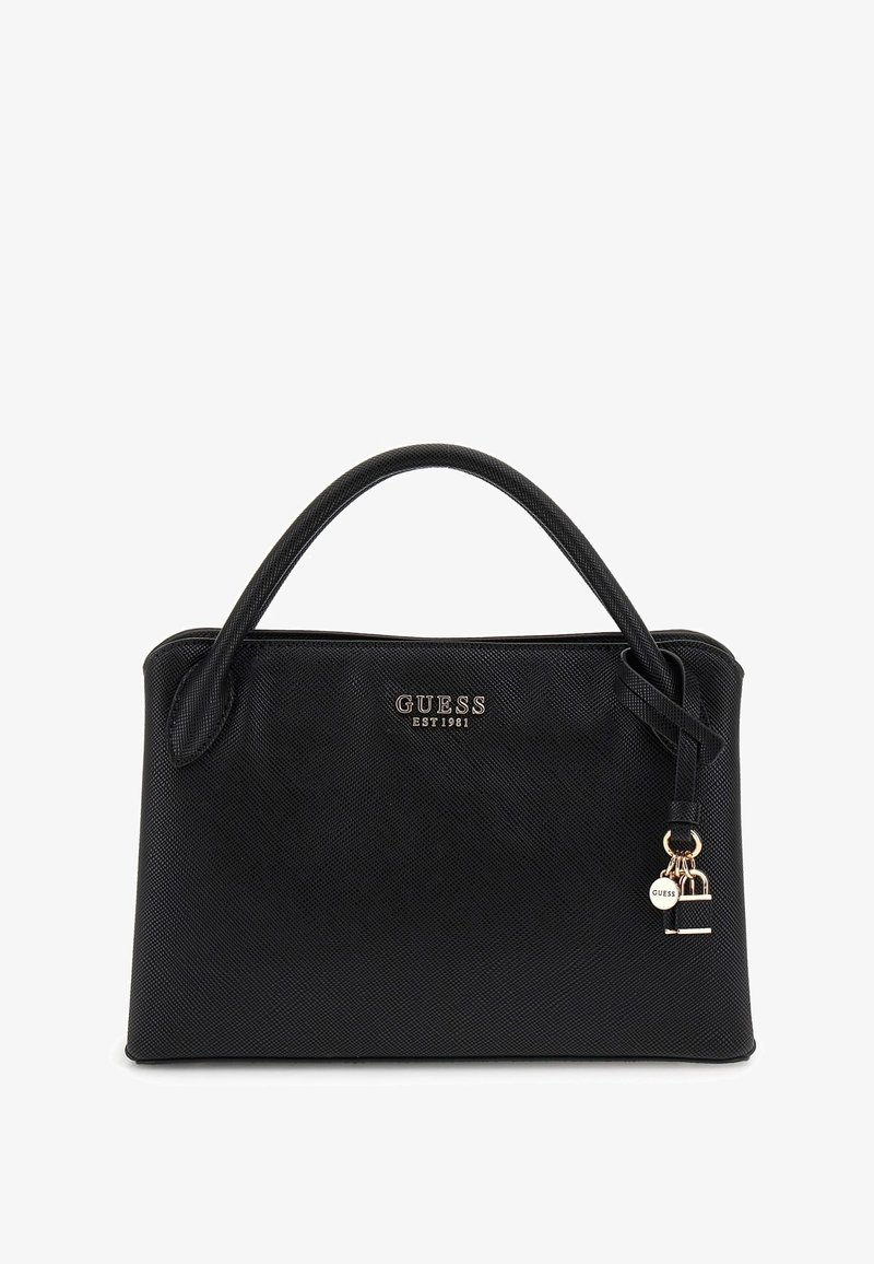 Zwarte synthetische handtas met een gestructureerd ontwerp, voorzien van een textuur aan de buitenkant, dubbele handvatten en een gouden charme met logodetails.