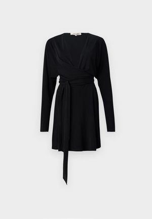 Vestito avvolgente nero con maniche lunghe, scollatura a V, attacco della cintura in vita, tessuto morbido e orlo fluido.