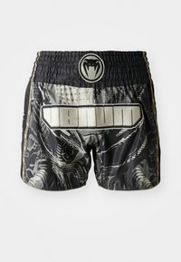 Black and gray patterned shorts with an elastic waistband, featuring a logo and text "VENUM" in a bold, shiny material.