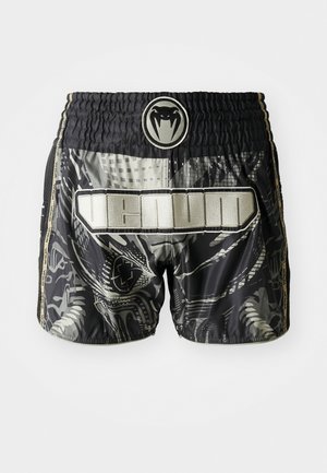 Black and gray patterned shorts with an elastic waistband, featuring a logo and text "VENUM" in a bold, shiny material.