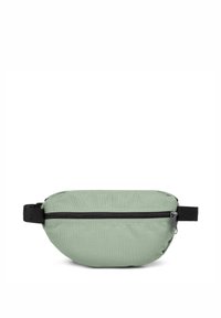 Marsupio in tessuto verde con forma arrotondata e zip nera. Caratterizzato da una tracolla regolabile nera e una texture liscia.