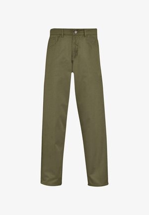 Olive rohelised püksid sirge sääre disainiga, ees olevate taskutega, lukuga ja metallist nööp sulgemisega, valmistatud vastupidavast kangast.