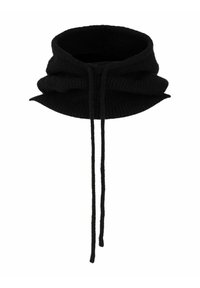 Scaldacollo nero lavorato a maglia con finitura strutturata, caratterizzato da un design ampio e svasato e due lunghe coulisse per la regolazione.