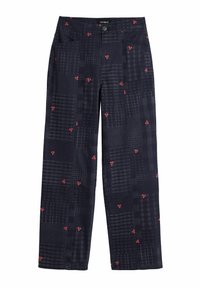 Námornícke nohavice so vzorom, červenými kvetinovými akcentmi, rovného strihu, s prednými vreckami a zapínaním na gombík. Textúrovaná látka.